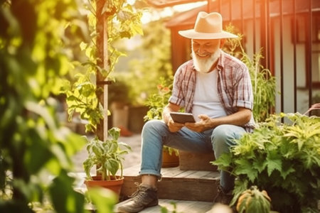 Generative AI : Asian adult modern agriculture technology concept of smart farmer using digital tablet at home farm or crop field monitor report smile and sitting on wood rustic beの素材