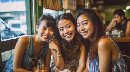 Generative AI : Three asian woman are chatting at coffee shop Feeling enjoy and happyの素材