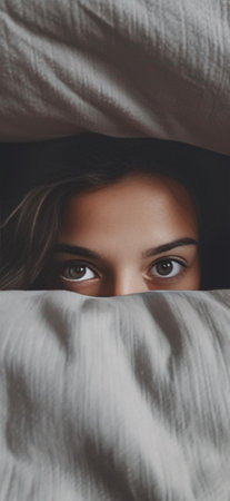 Generative AI : Top view of funny or enjoy young asian woman face hiding smile under blanket on bed in bedroom Girl having fun in bed Looking at Camera with Charming Eyesの素材