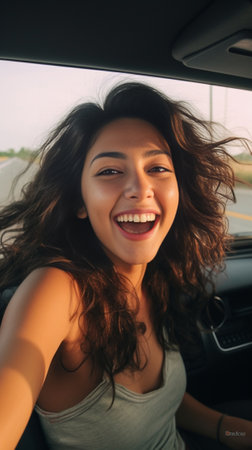 Generative AI : Beautiful charming woman sitting in car and smiling feeling happyの素材