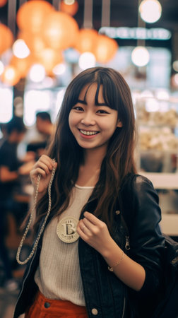 Generative AI : Asia young smile happy woman people in small sme coffee shop store use tapping cashless wifi qr code nfc scan app smart pos device reader sale in food drink order iの素材