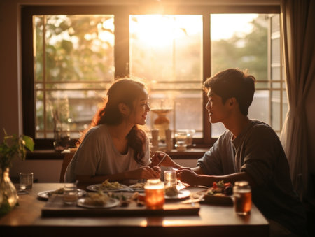 Generative AI : Attractive young senior asian citizen couple happy sit and talk eat soup for healthy nutrition breakfast meal on dining table at home in morning in routine lifestylの素材