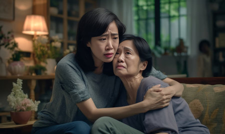Generative AI : Middle aged asia people old mom love care trust comfort help young teen talk crying stress relief at home Mum as friend listen adult child woman feel pain sad worryの素材