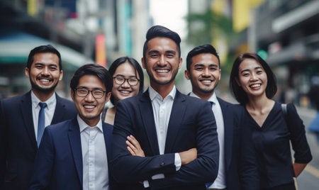 Generative AI : Group Of Asian and Multiethnic Business people man with casual suit using laptop with happy and celebrate action at the outdoor people business group concept Feelinの素材