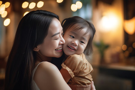 Generative AI : Portrait of young cute asian adorable toddler kiss mom cheek at home smiling happy positive in motherhood concept Happy family with two people or single mom and litの素材