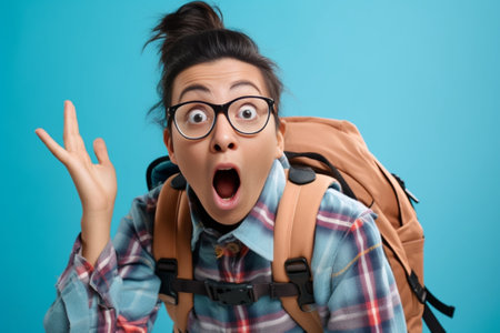 Generative AI : Happy asian woman travel backpacker shouting open mouth to copyspace on blue background Cute asia girl smiling wearing casual jeans shirt and looking to aside for pの素材