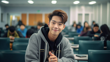 Generative AI : Portrait cute asian student college in happy action with teenager student background Education conceptの素材