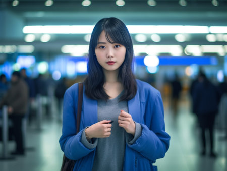 Generative AI : Cute asian student college traveler feeling happy action with travel plan and waiting for flight at airport terminal Teenager travel conceptの素材