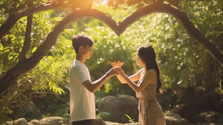 Generative AI : Portrait of happy asian couple in love with heart sign by their hands sunny day Love and romance conceptの素材