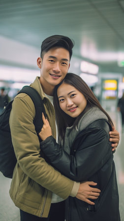 Generative AI : Happy young asian couple tourist having fun enjoy at airport terminal Lover student smile with summer travel in vacation holiday Honeymoon trip conceptの素材