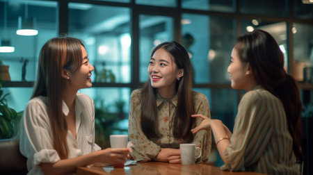 Generative AI : Three asian woman are chatting at coffee shop Feeling enjoy and happyの素材