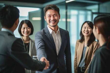 Generative AI : Smiling young asian transgender employee extend handshake standing at office with colleagues working and meeting Welcoming environment and open mind for LGBTQ emploの素材