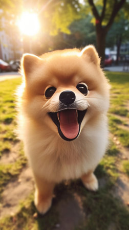 Generative AI : Adorable pomeranian dog smiling looking at camera showing tongue and laid down on wooden floor with natural sunlight and copy space Cute pet toy or baby dog in feelの素材