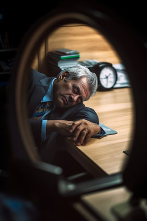 Generative AI : Business man feeling tired Sleeping at the work table with low battery icon and white radial on black background Right hand holding at the white coffee cupの素材