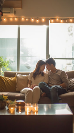 Generative AI : Asian couple sitting on sofa at living room Young lover relax at home with tablet for shopping or multimedia Couple or lover lifestyle conceptの素材