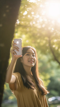 Generative AI : Beautiful asian woman checking news on smartphone and celebrate feeling success or happy pose education or technology or startup business concept tree background anの素材