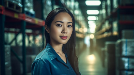 Generative AI : Candid young unhappy asian woman auditor or employee feeling confused in warehouse store Young girl puzzled face expressing doubt or uncertainty with warehouse stocの素材