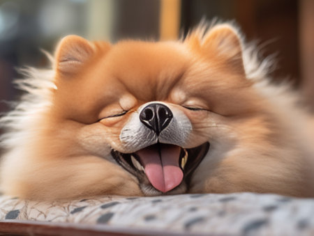 Generative AI : Adorable pomeranian dog smiling looking at camera showing tongue and laid down on wooden floor with natural sunlight and copy space Cute pet toy or baby dog in feelの素材