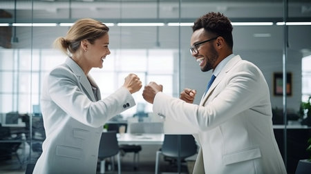 Generative AI : Candid of indian asian woman and man are fist bumping after finished work or project Team Business Partners Giving Fist Bump to Greeting Start up project Corporateの素材