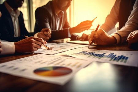 Generative AI : Closeup hand group asia people busy account team work late night audit check notebook and online sale cost budget profit statistics paper in analyst job career cowoの素材