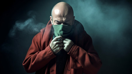 Generative AI : Older asian man is having flu and sneezing from sickness seasonal virus problem with isolated background Fever and cold in senior people with influenza illness andの素材
