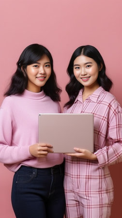 Generative AI : Two young asian woman using smart phone together on hand with blank screen copy space for add picture or textの素材