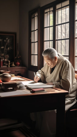 Generative AI : Sad old retired gray haired grandpa asian man sitting alone at table desk at window boring stay home self isolation quarantine feeling depress in problem mental heaの素材