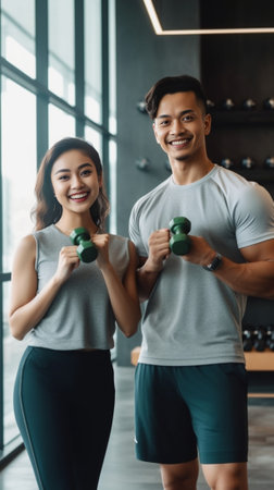 Generative AI : Trainer or instructor man is teaching asian spoty woman lifting a dumbbell and exercise in the gym Smiling Woman Using Hand Weights While Personal Trainer Superviseの素材