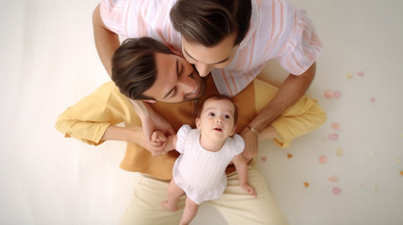 Generative AI : Happy attractive asian family with mom dad and little cute young daughter or elementary kids holding hands together lying on floor looking at camera on top view feeの素材