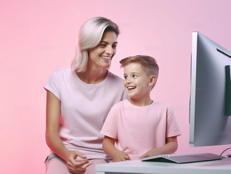 Generative AI : Little cute boy son enjoy fun learn offline class computer language game Unplugged Coding computing STEM STEAM with mom Asia pupil kindergarten gen Z smart small kiの素材