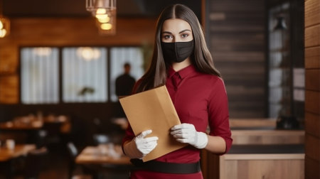 Generative AI : Best practice signage paper or guidance for restaurant and food service store after reopen business stay safe continue healthy before enter with blur background staの素材