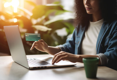 Generative AI : Woman using laptop payments online shopping and icon customer network connection on screen mbanking and connecting with omni channel vendor Internet of thing Multicの素材