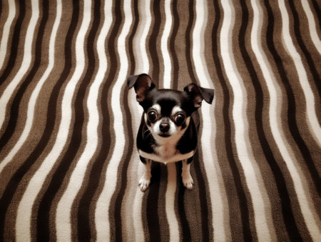 Generative AI : Adorable longshort hair chihuahua dog sleepy lying on mat with home living room background Beautiful mark with blackbrown and white color Nap or sleeping dog restinの素材