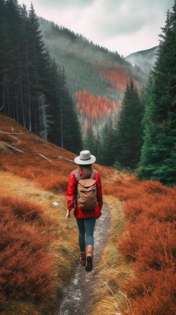 Generative AI : Candid rear view of young single woman wearing stylish vintage boots walking away into pine forest alone Leaving to finding passion by going solo travel in vacationの素材