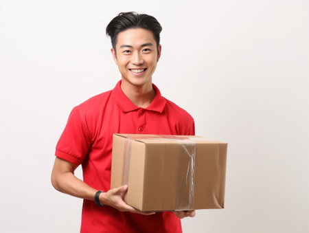 Generative AI : Asia people SME owner carrying parcel carton box on hand send product on site picking up at home drop off fulfilment dropshipping sell in same day post mail serviceの素材