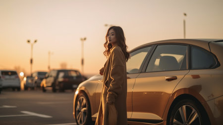 Generative AI : Beautiful charming woman is smiling and feeling happy at car park Womans hand holding the key carの素材