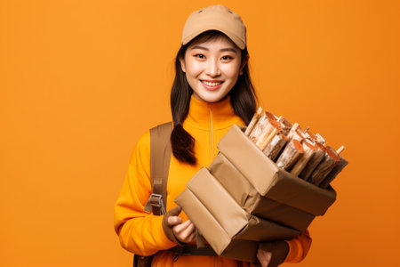 Generative AI : Portrait of young asian entrepreneur happy smiling and holding or carrying pile of boxes in hands on orange isolated background and copy space Asian woman move to nの素材