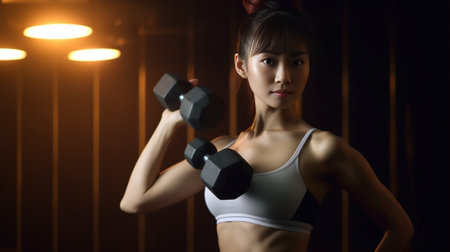 Generative AI : Beginner asian sport woman workout with dumbbells at sport fitness Fitness sport training losing weight lifestyleの素材