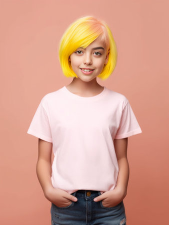 Generative AI : Little cute alpha young albino vitiligo small girl relax smile give heart hand sign look at camera Melanin face body care hair color of asia people gen z kid self lの素材