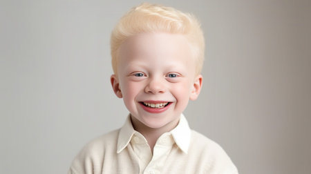 Generative AI : Little cute alpha young albino vitiligo small girl relax smile give heart hand sign look at camera Melanin face body care hair color of asia people gen z kid self lの素材