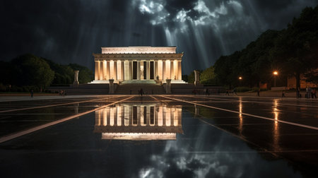 Generative AI : Beautiful scenic panorama night view of Abraham Lincoln memorial in the national mall washington dc united states Landmark of capital city of USAの素材