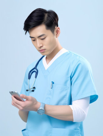 Generative AI : POV screen of young asia people or male doctor live speak talk look at camera work in online clinic help patient on digital telehealth telemedicine smart covid consの素材