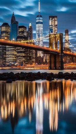 Generative AI : Beautiful sence of New York city with Brooklyn bridge and lower Manhattan in dusk evening Downtown of lower Manhattan of New York city and Smooth Hudson river withの素材