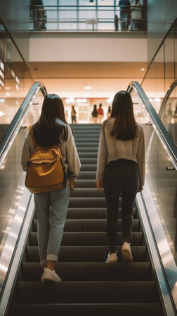 Generative AI : Asian students woman holding hand rail go up stairsfloor by escalator to the building Young female take travel on journey alone concept Bag on girls back winter holの素材
