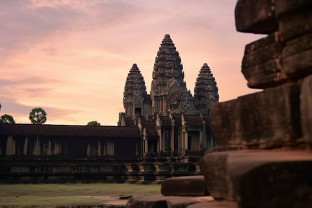 Generative AI : Beautiful view of Angkor temple with sunrise pastel color sky in morning Angkor Wat is a temple complex in Cambodia and the largest religious monument in the worldの素材