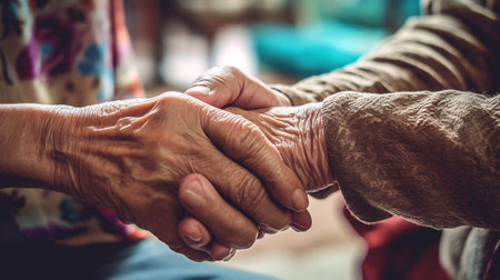 Generative AI : Close up hand of young asia woman or nurse home care holding senior grandmother give support empathy to elderly lady or older people in assisted living homecare menの素材