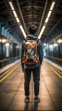 Generative AI : Asian travellers man holding hand rail go up stairsfloor by escalator to the airport Backpacker tourist take vacationholiday on journey alone concept Bag on males bの素材