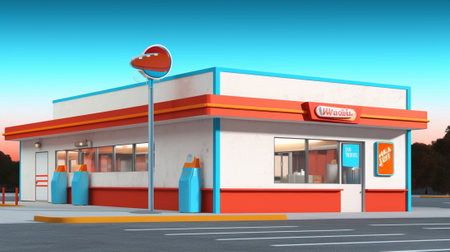Generative AI : Drive thru sign with shop backgroundの素材