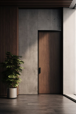 Generative AI : Dark steel door and dark wall concrete for backgroundの素材