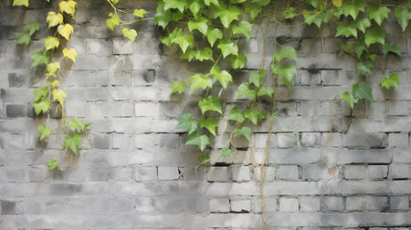 Generative AI : Beautiful plants green ivy on grey cement wall texture with brick decoration English garden or nature creeper leaf background with copy space concept Exterior outdoの素材